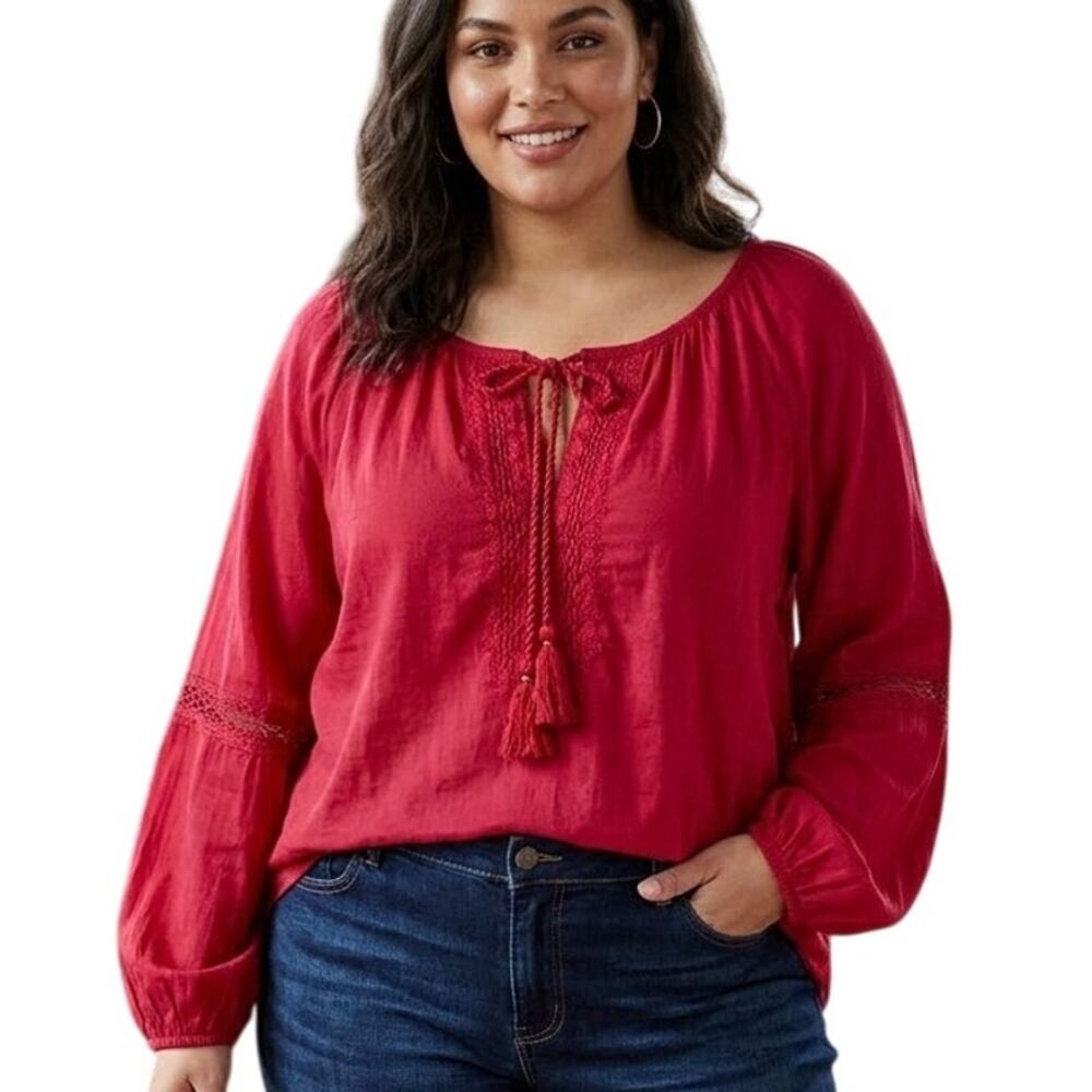 Lane Bryant Peasant Top Womens Size 22/24 Red Lace Inset Tasseled Boho Tunic
